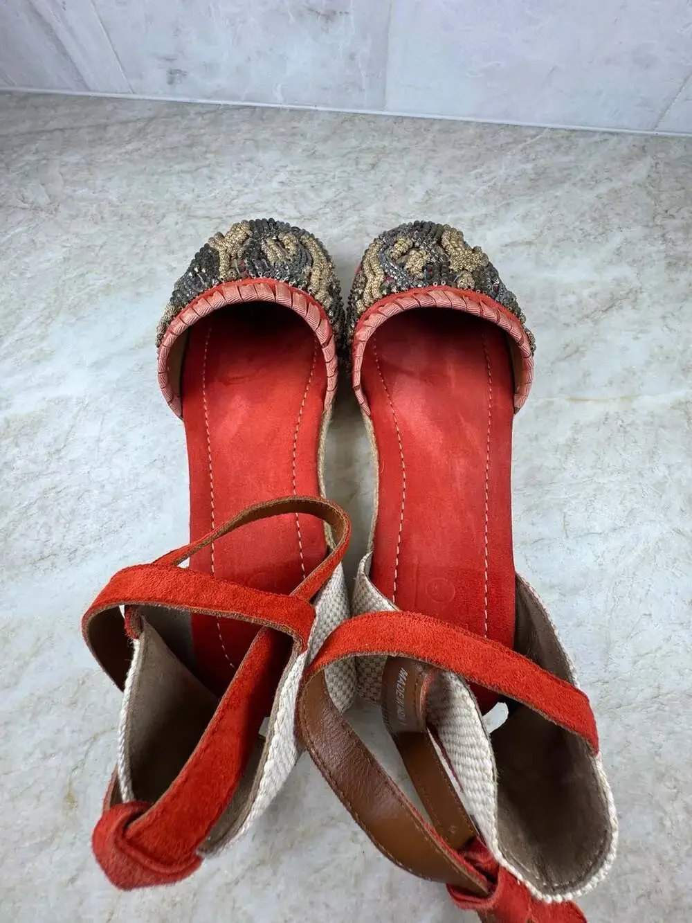 BOC Red Suede Beaded Espadrille Wedge Sandals Ankle Strap Boho Women’s Size 8